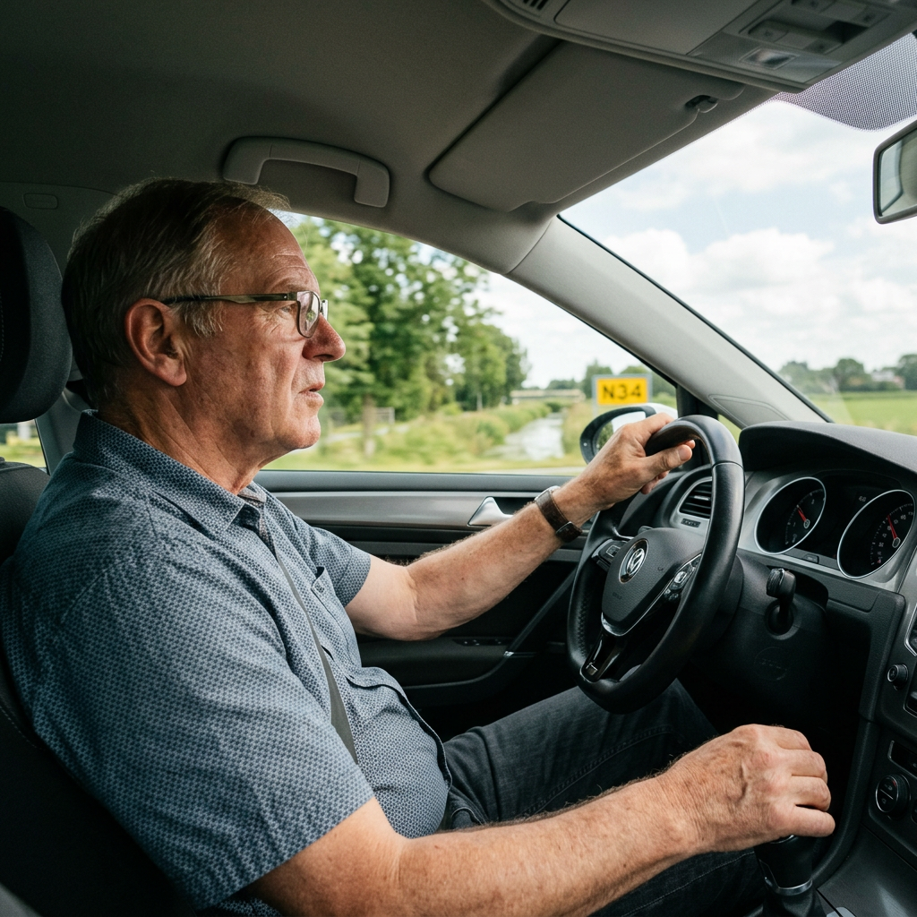 Older man driving a car while looking ahead on a rural road