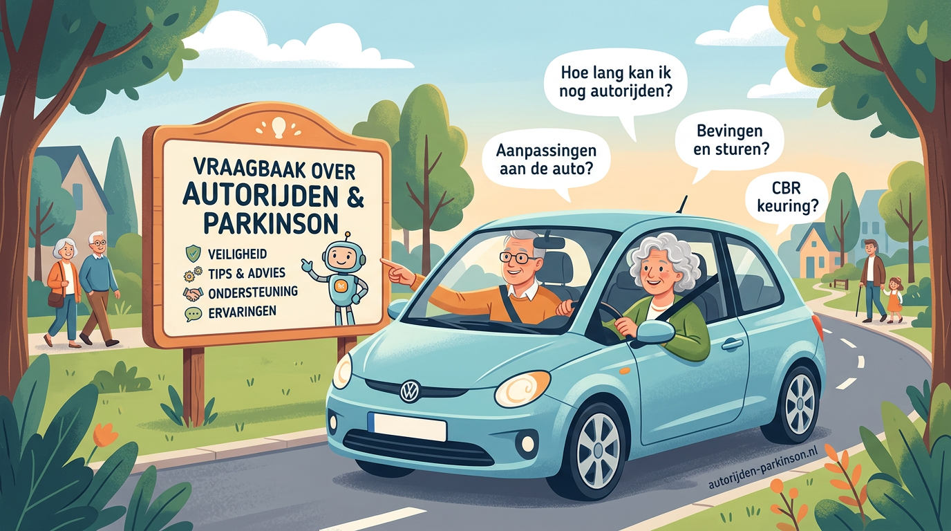 Elderly couple in a car with speech bubbles about Parkinson's and driving questions