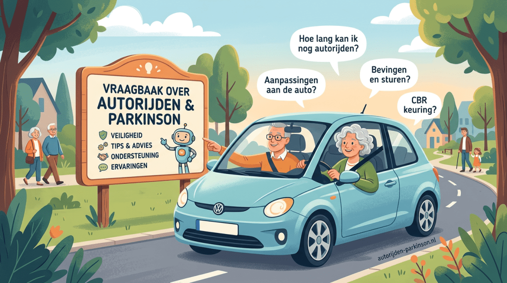 Elderly couple in a car with speech bubbles about Parkinson's and driving questions